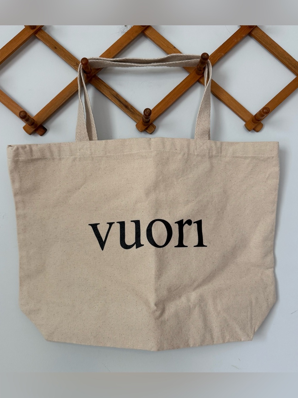 Vuori Natural Beige Canvas Tote Black Logo/ “Rise & Shine” motto reverse side